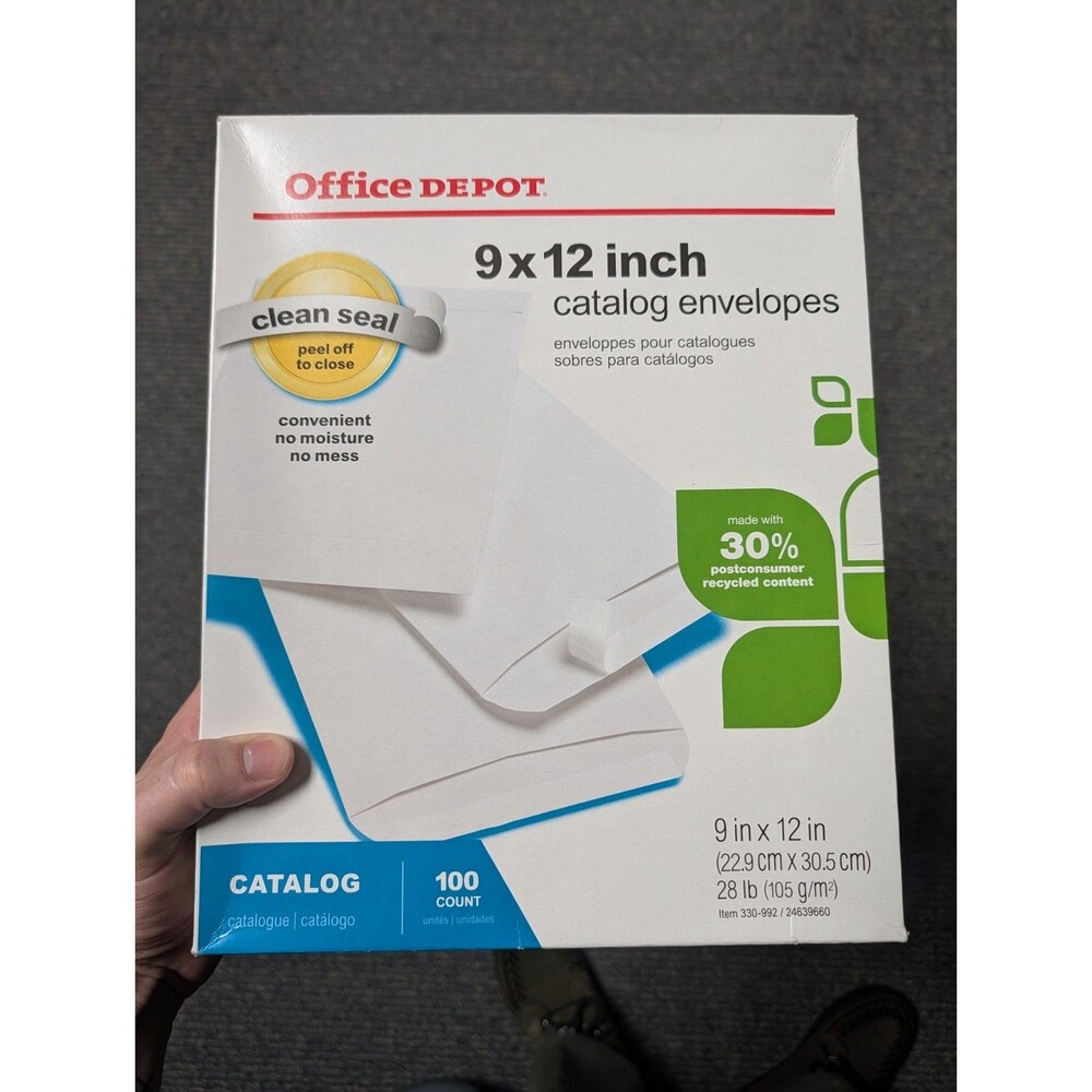 Office Depot Brand Catalog Envelopes, 9" x 12", Clean Seal, 30% Recycled, White